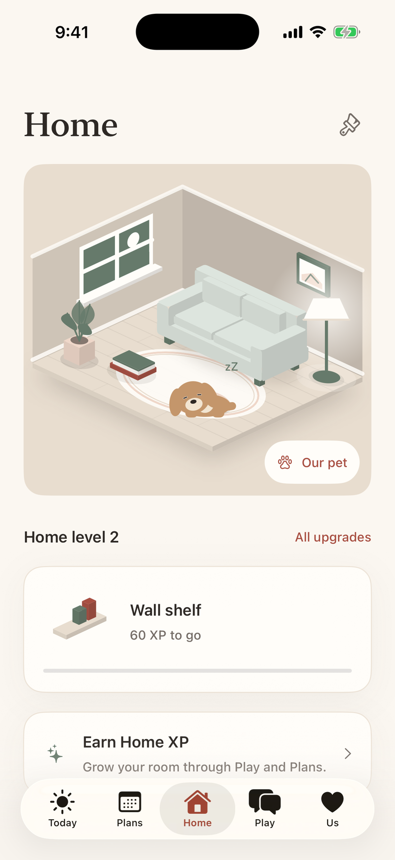 The Home screen with an illustrated room and a sleeping pet