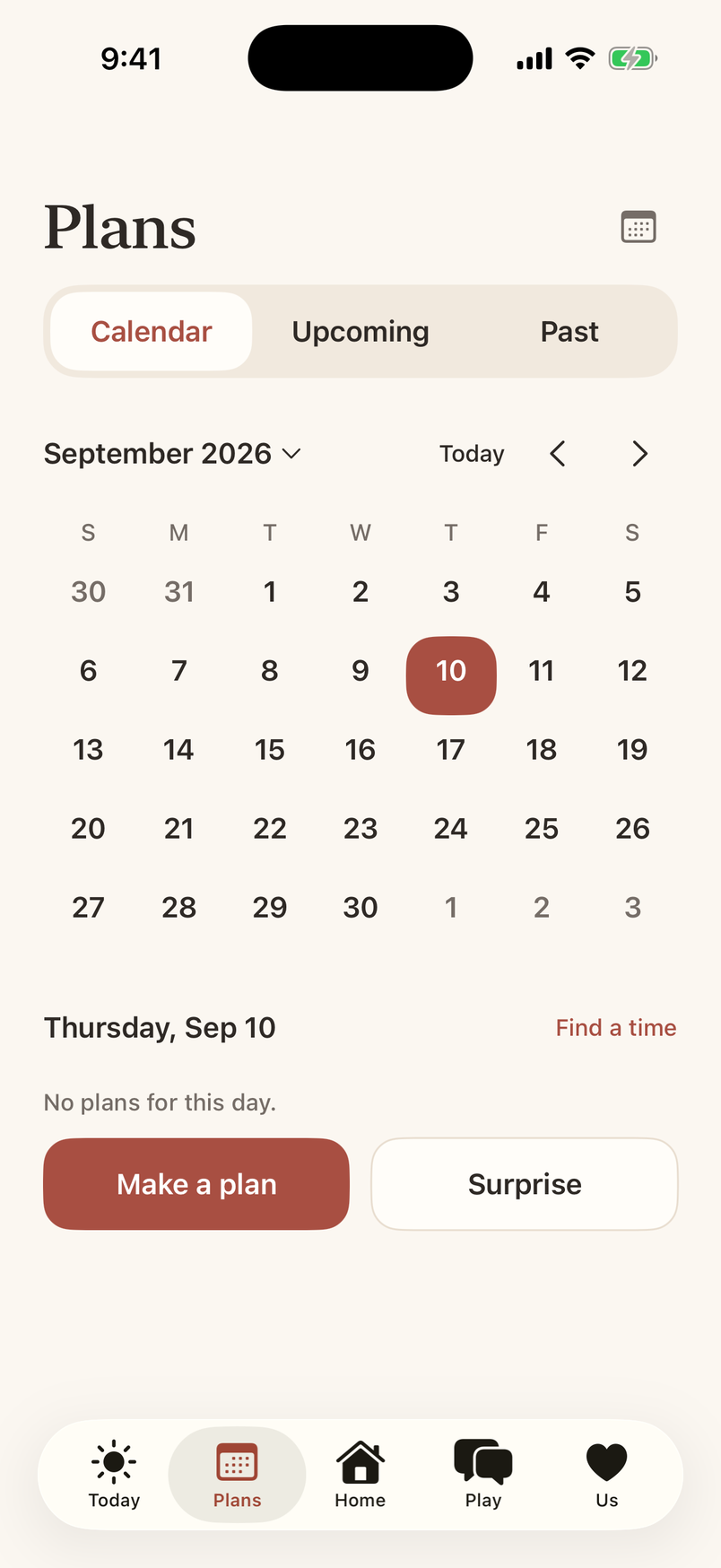 The Plans screen with a calendar and Make a plan button