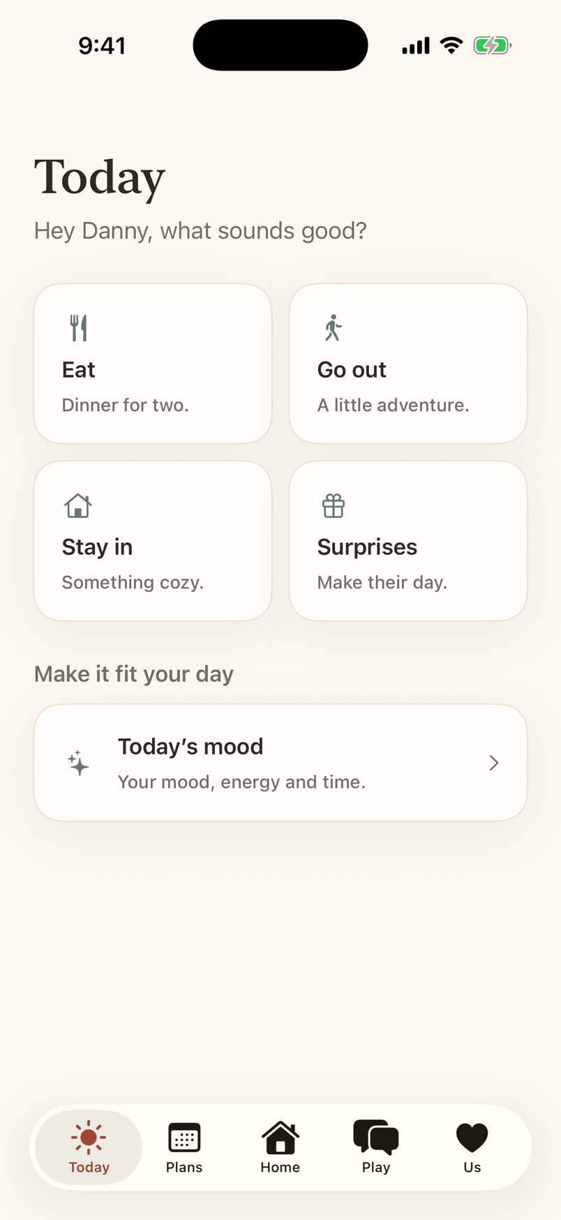 Belovi’s Today screen asking what sounds good, with Eat, Go out, Stay in and Surprises